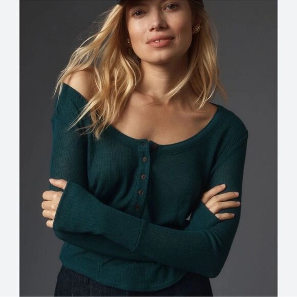 NWT ANTHROPOLOGIE PILCRO Andie Ribbed Tissue Top  Teal Women’s Size Medium - Picture 2 of 9